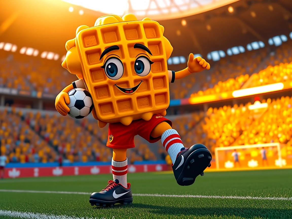 Anthropomorphic Belgian waffle with a golden-brown textured surface, wearing a vibrant soccer jersey in the colors of the Belgian flag, matching shorts with crisp creases, white knee-high socks with red stripes, professional black leather soccer clea