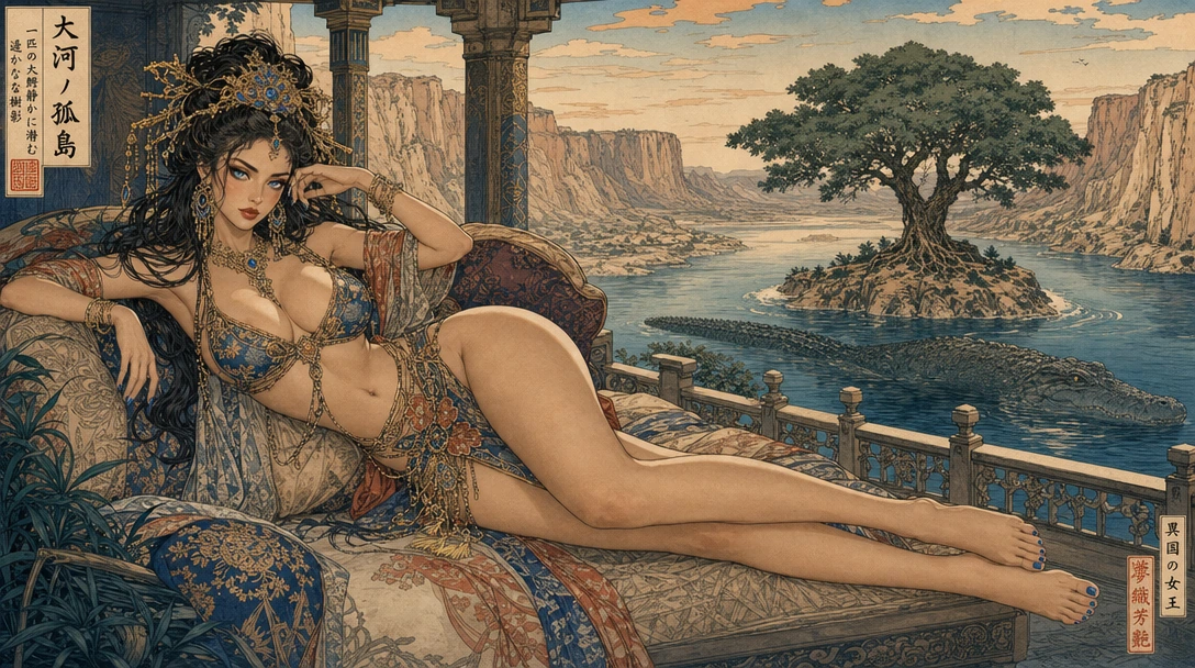 Lustrous Dark Haired, blue eyed Avant-Garde supermodel, Exotic costume And elaborate hair, exotic jewellery, impressive curves, Long Legs, bare feet, painted nails, Professional makeup, lounging on an outside sofa on the balcony of a mansion overlook