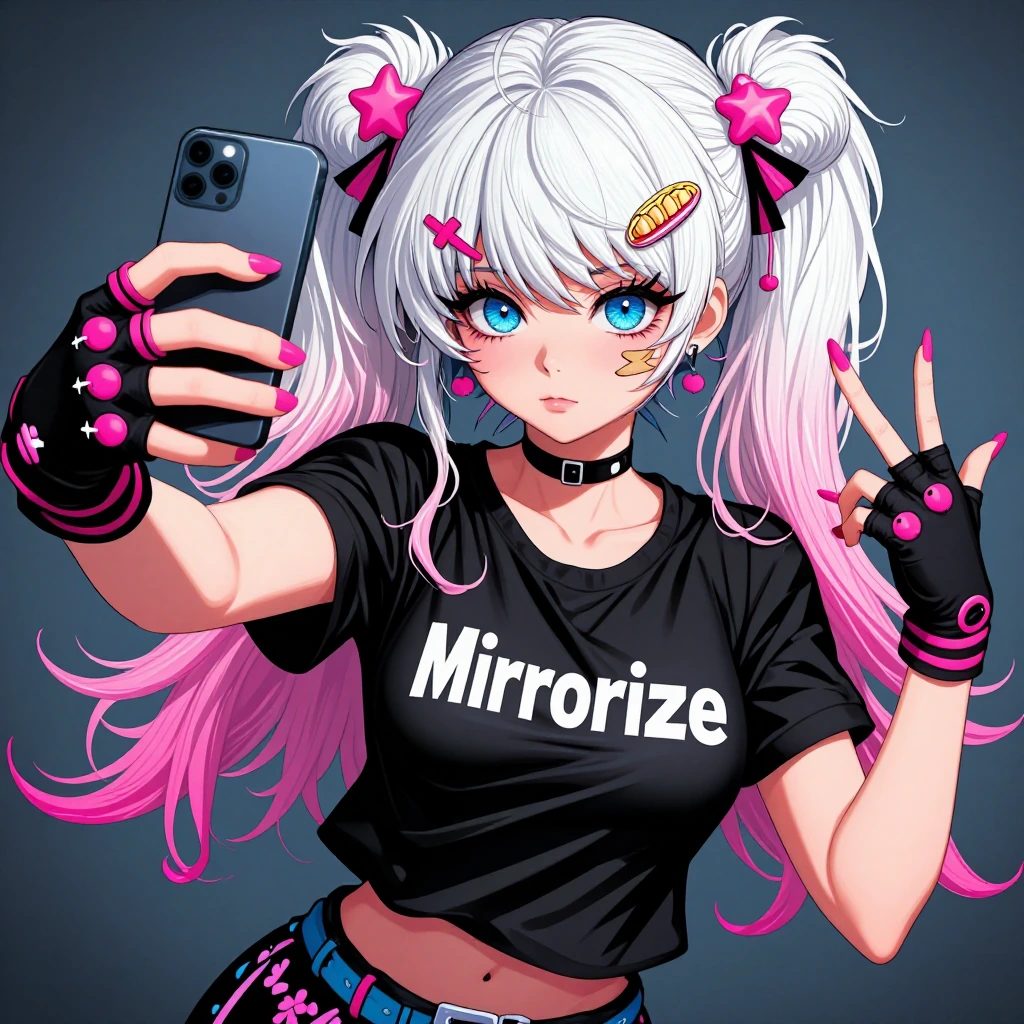 masterpiece, best quality, score_9, score_8, safe, @Mirrorize aged up, solo, 1girl, taking selfie, full body, text: "Mirrorize" on shirt, blue eyes, (