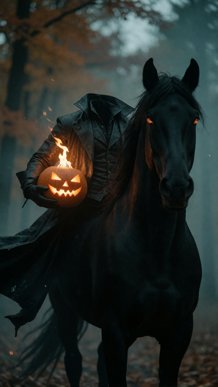 A dark, romantic fantasy portrait of the Headless Horseman, but reimagined as a seductive spectral figure. He wears a jagged, high-collared leather tr