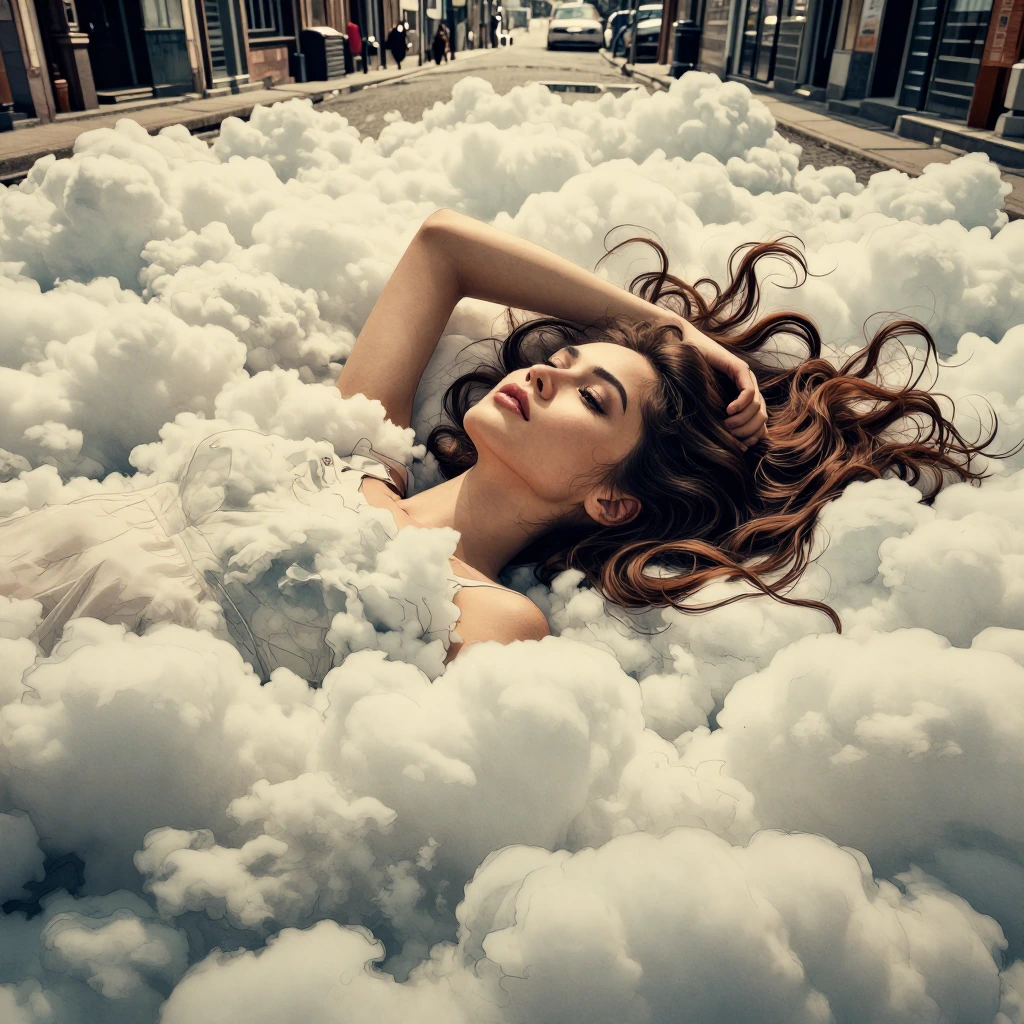 Create a an ultra realistic cinematic editorial portrait of a striking young woman lying on her back in a sea of soft voluminous white clouds, top dow