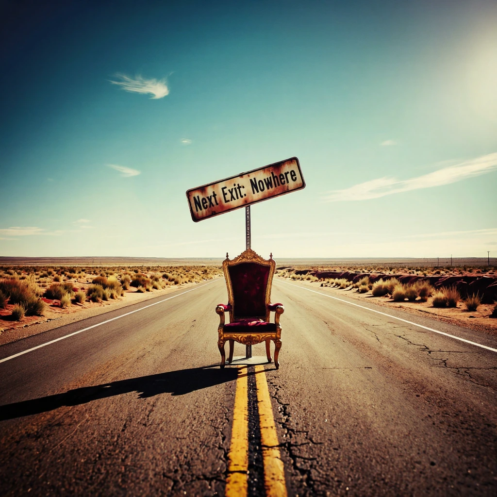 Capture a sun-bleached Arizona highway stretching to the vanishing point, heat shimmer rising off cracked asphalt, a single rusted road sign reading "Next Exit: Nowhere" tilted at a careless angle — and parked dead center in the right lane, completel