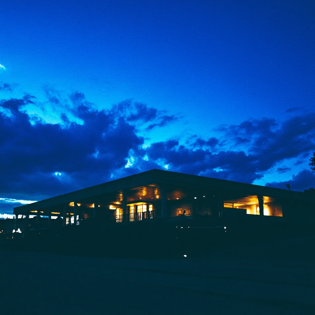 Apply cinematic color grading with deep teal-blue shadows and warm golden interior lighting. Make the sky a richer, deeper azure blue with more dramatic clouds. Increase the contrast between the cool exterior and warm interior light. Keep the image p