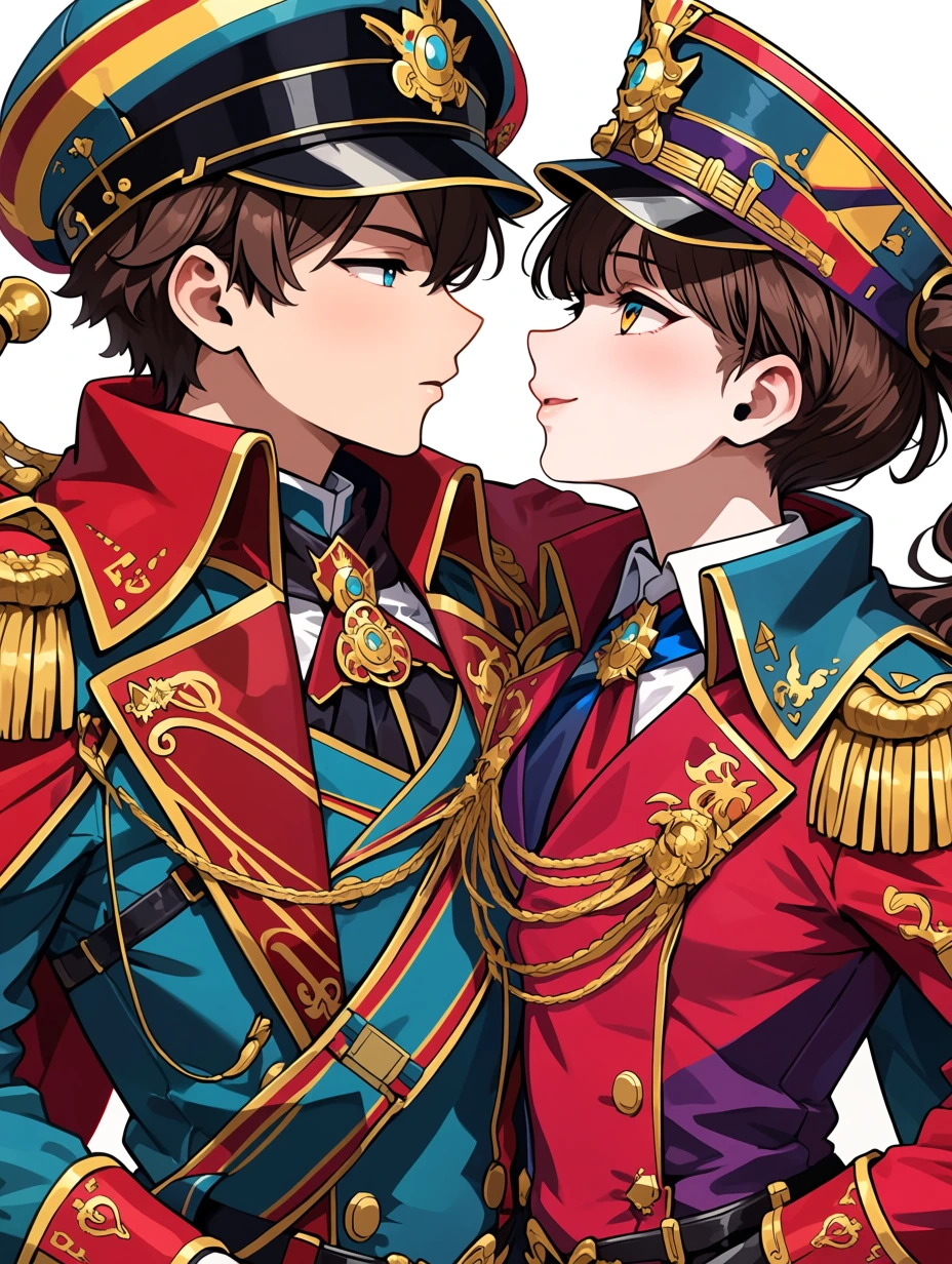 Close up Male & Female lovers, young nobility both dressed in Colourful flamboyant pseudo military uniforms with a steampunk twist.