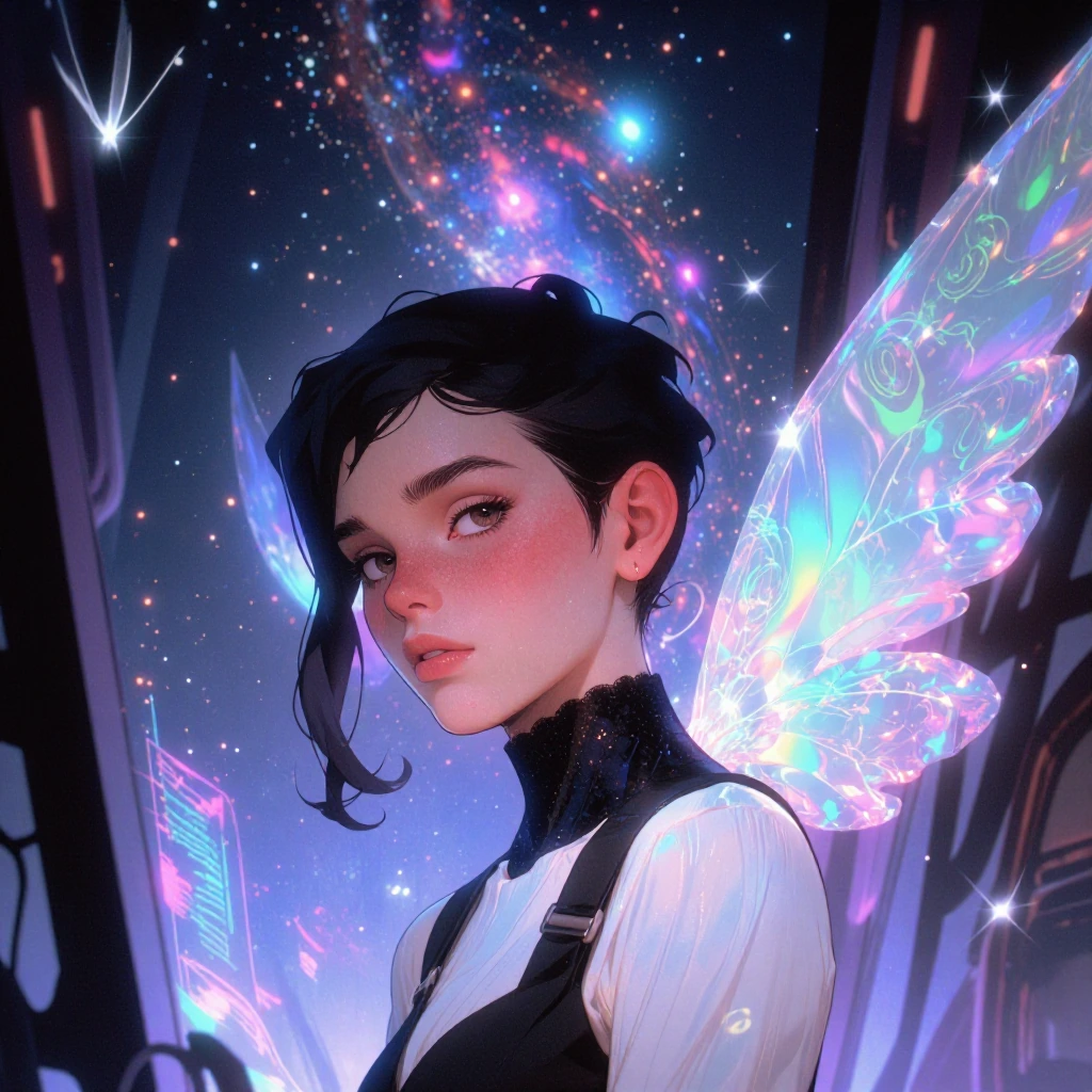 modern fairy with expressive human face, detailed facial features, natural skin texture, piercing eyes, defined cheekbones, large iridescent holograph