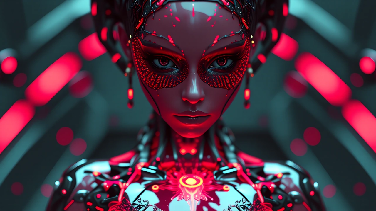 ​A hyper-detailed, photorealistic portrait of a female cyborg, "The Ruby Sentry," standing in poised stillness, wide-screen cinematic composition. Avant-garde haute couture biomechanical design. The main material is a complex assembly of polished, tr