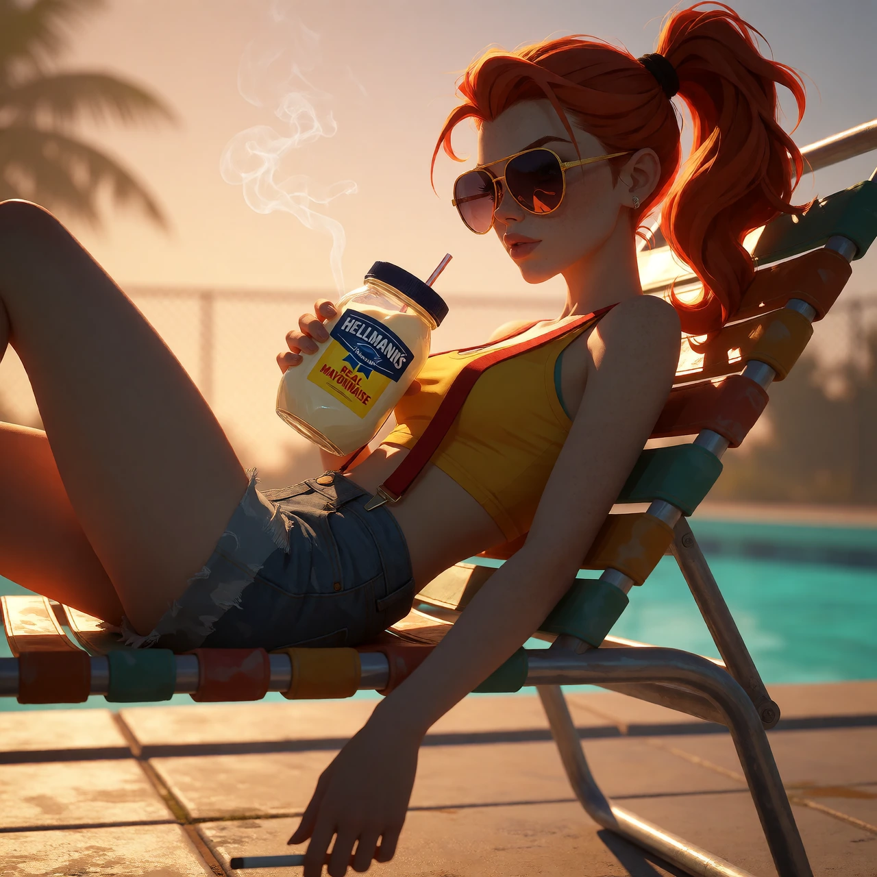 Scene: Late afternoon on a sun-bleached suburban pool deck, hazy gold-orange backlight, concrete pavers, a turquoise pool visible in soft-focus backgr