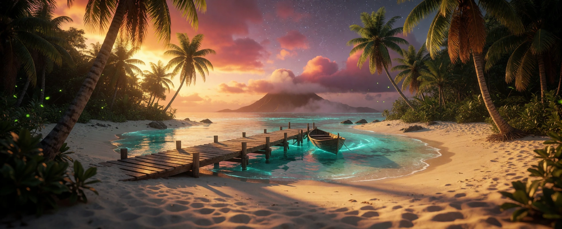 Capture a breathtaking panoramic vista of a secluded tropical paradise at golden hour, where a pristine white sand beach curves gently into crystal-clear turquoise water glowing with bioluminescent light beneath the surface. Towering emerald palm tre