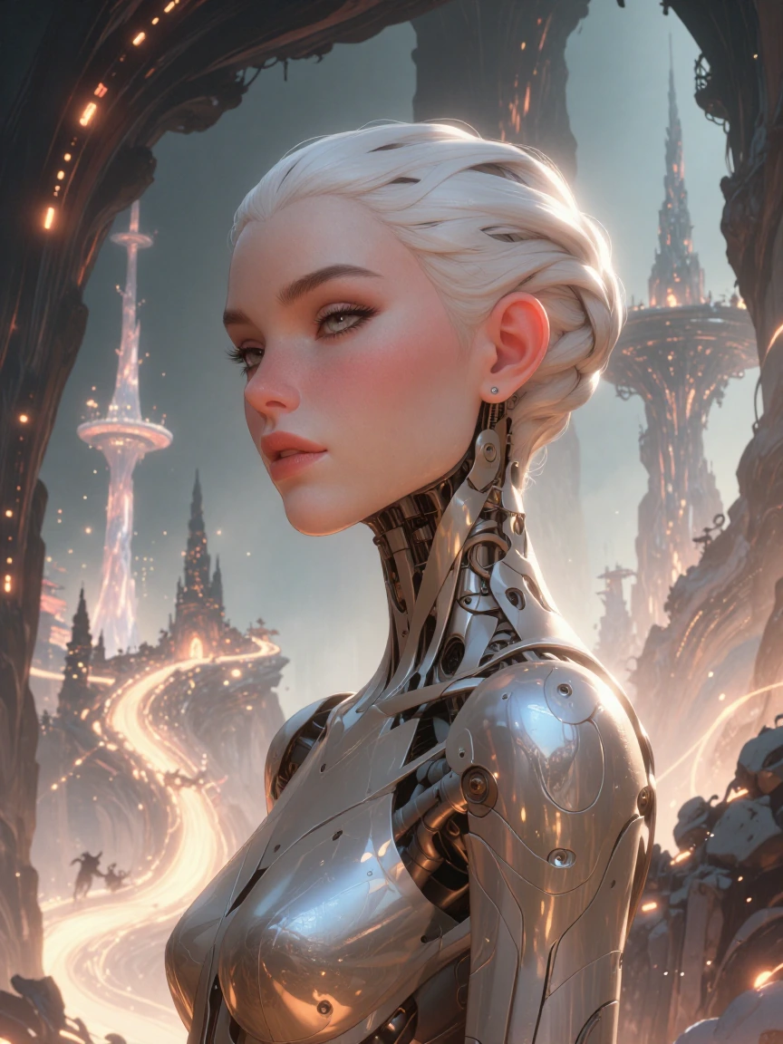 A dreamlike futuristic scene inspired by classic sci-fi: a beautiful woman robot or cyborg in the foreground, seen in a close-up three-quarter portrait, elegant and serene, with subtle metallic skin details, luminous eyes, and refined futuristic desi