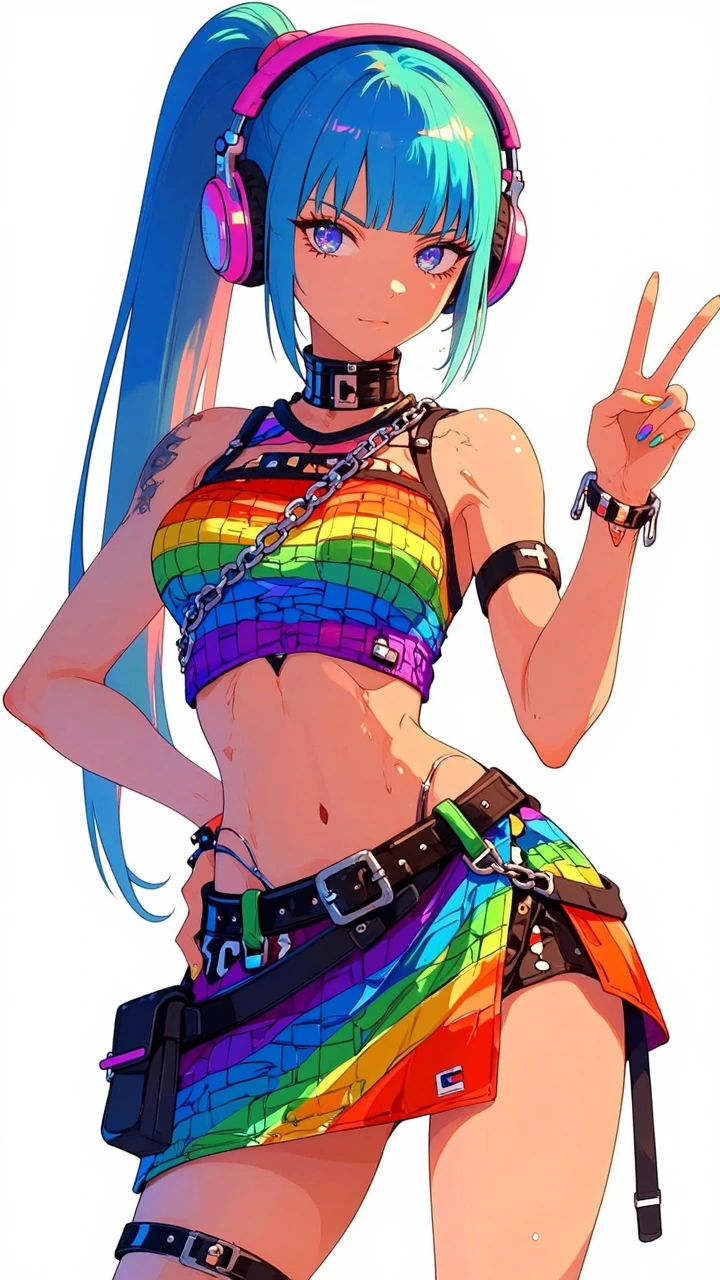 a highly detailed, digital illustration in a vibrant, anime-style style, it depicts a young woman with a striking appearance, standing against a plain white background. Her hair is styled in a high ponytail, with vibrant shades of blue, green, and pi