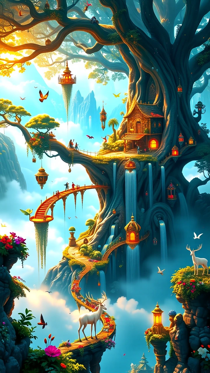 A magnificent fantasy kingdom built inside the hollow trunk and enormous branches of a colossal ancient tree, rising far above a sea of clouds. Golden