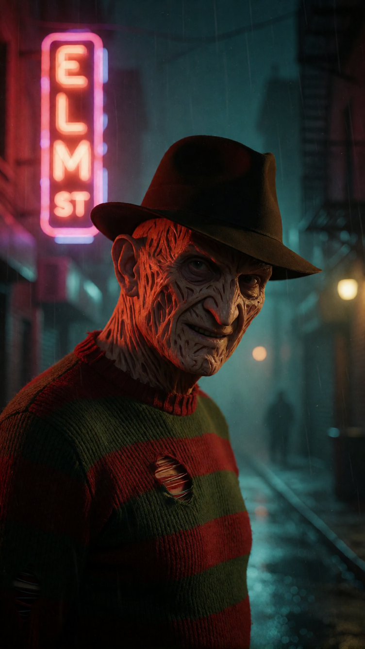 Generate a sexy neon noir poster of Freddy Krueger. He wears a tight, ripped red-and-green sweater, revealing a muscular, scarred chest. His fedora is