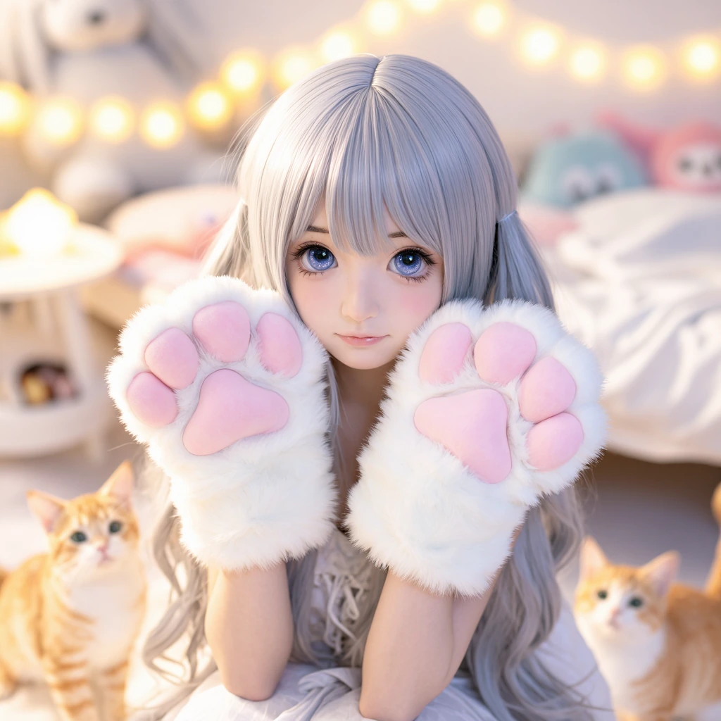 Soft pastel anime girl with large sparkling eyes wearing fluffy pink paw gloves, surrounded by playful orange tabby kittens in a dreamy bedroom filled with plush toys and fairy lights
