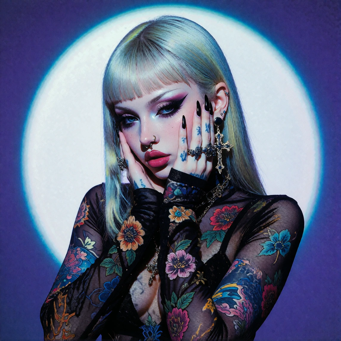 Heavy ink outlines, dark fantasy graphic novel, This is a photograph of a goth cyberpunk woman with a striking, futuristic appearance. She has a pale complexion and is illuminated by a blue-purple light that casts a cool hue over the entire image. He
