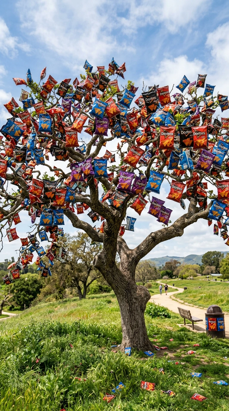 a tree but the leaves are all Doritos bags