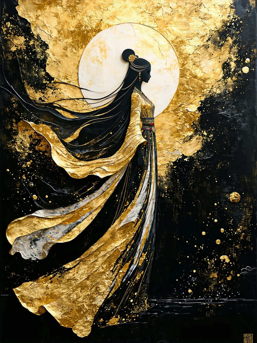 Traditional Persian goddess in flowing golden and obsidian robes dramatically created with gold leaf and ebony relief. She is depicted with a benevole