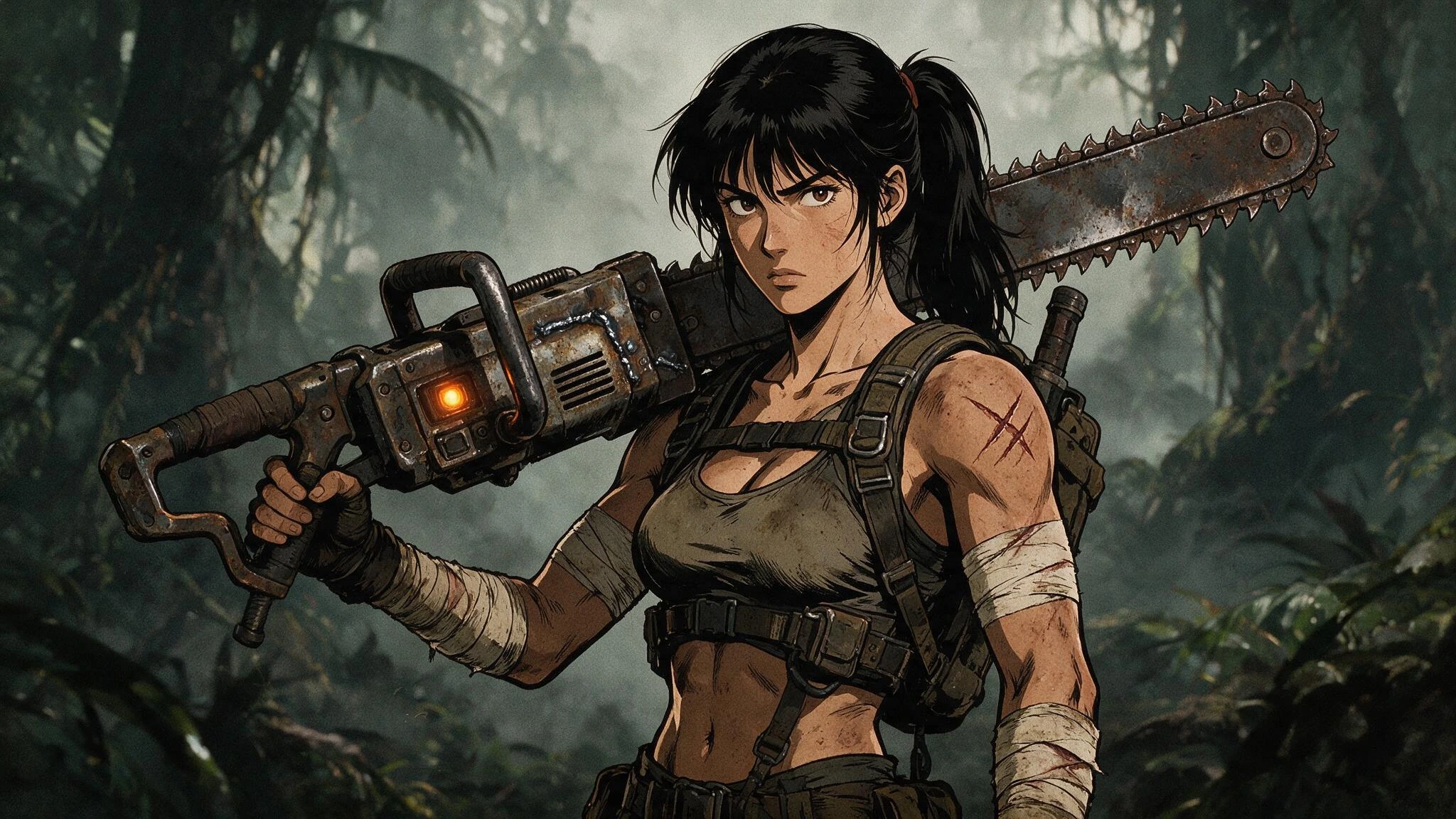 20-year-old female dinosaur hunter, athletic realistic proportions, black ponytail, scarred tan skin, three claw scars across left shoulder, wrapped forearms, worn tactical harness, carrying a heavy salvaged industrial reciprocating saw with one glow