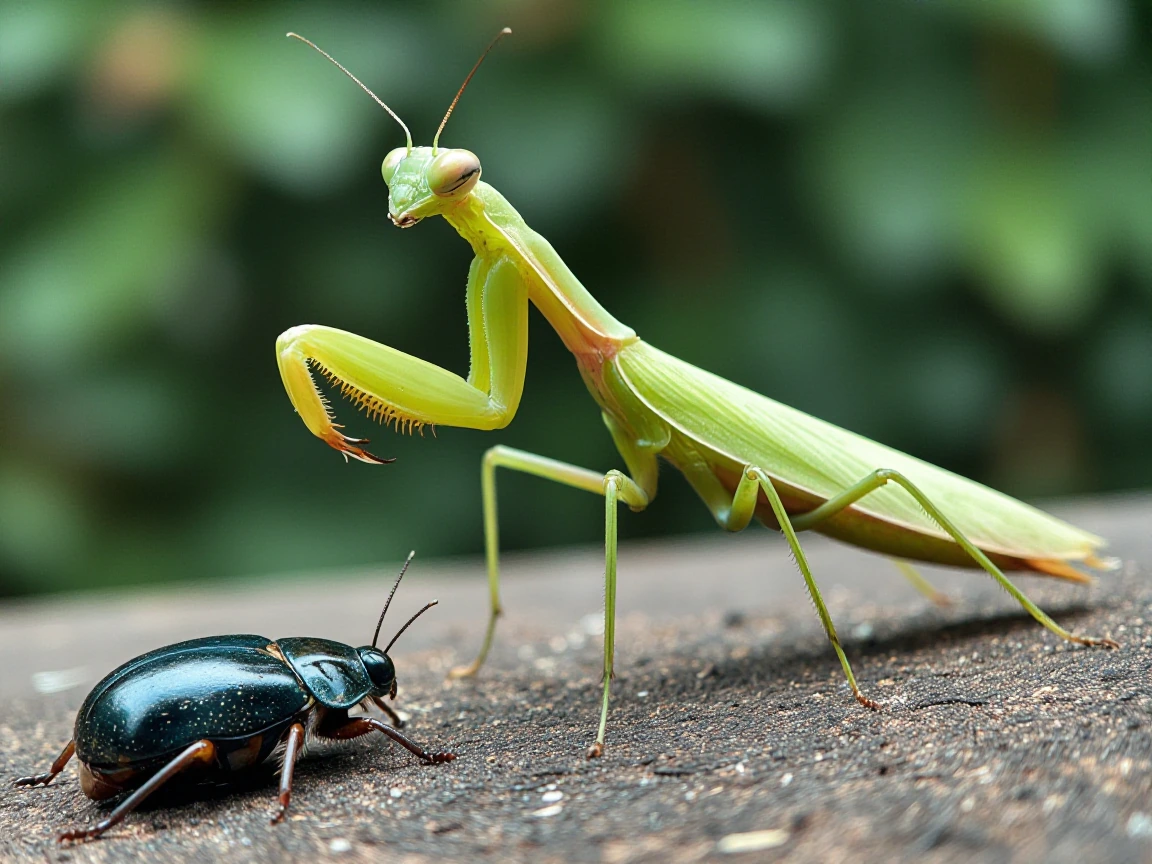 Praying mantis, majestically thorning above a little beetle like a real thread