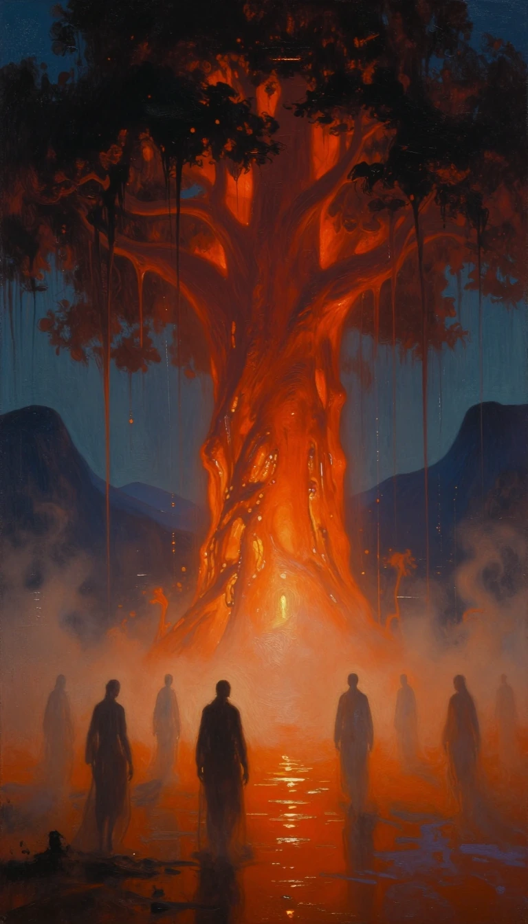 An impressionistic oil painting of a colossal, ancient tree with a glowing orange-red trunk that bleeds light into the surrounding mist. The base of t