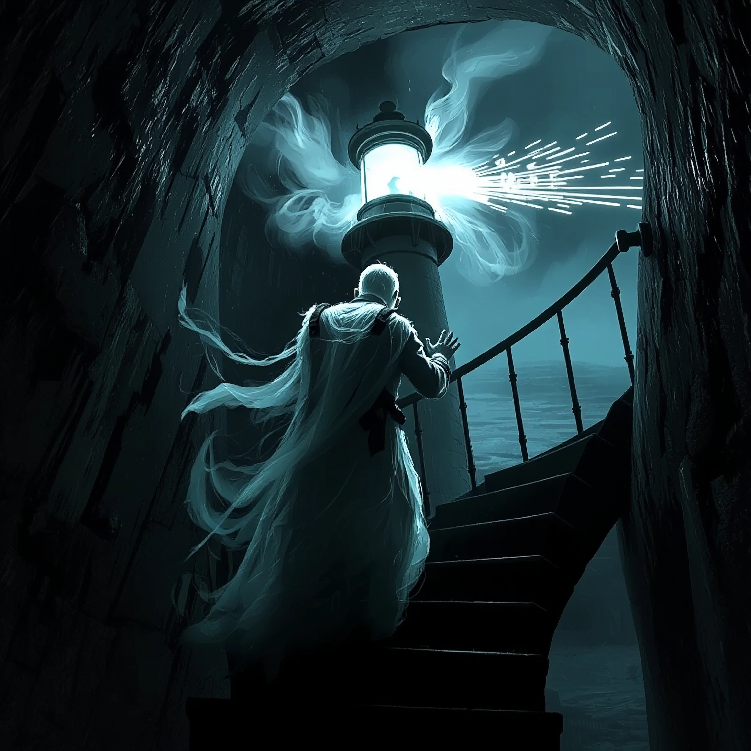 A translucent spectral lighthouse keeper in tattered 19th century uniform ascending spiral stairs, ghostly hands reaching toward a luminous beacon tha