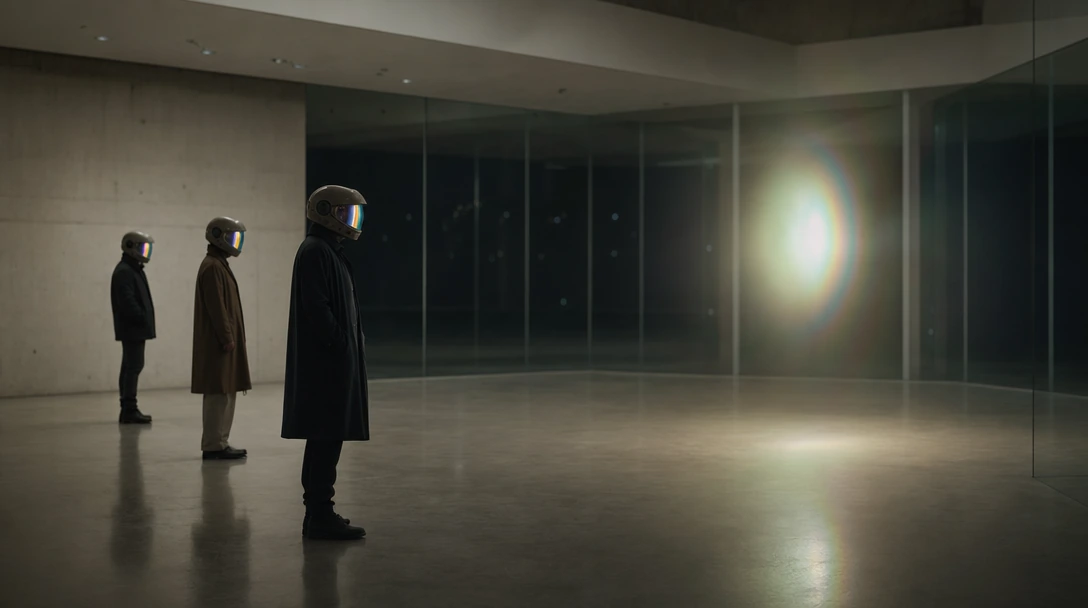 A minimalist museum gallery with polished concrete floors and floor-to-ceiling glass walls framing a dark void beyond. Three visitors wear sleek helmets with prismatic visors, standing motionless before a single floating light source—a soft, impossib