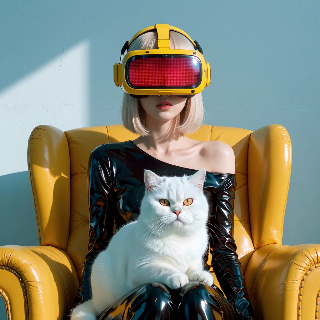 A surreal photorealistic portrait of a young woman with short platinum blonde bob hair and straight bangs, fair skin, and a neutral pouty expression, sitting straight-backed on a vintage yellow leather armchair against a plain light blue concrete wal