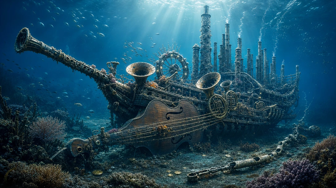 Reveal a sunken galleon resting on the ocean floor, its entire hull transformed into a grand orchestra of nautical instruments. The ship's ribbed wooden hull curves into the body of a massive cello, draped in barnacle-textured strings of kelp stretch