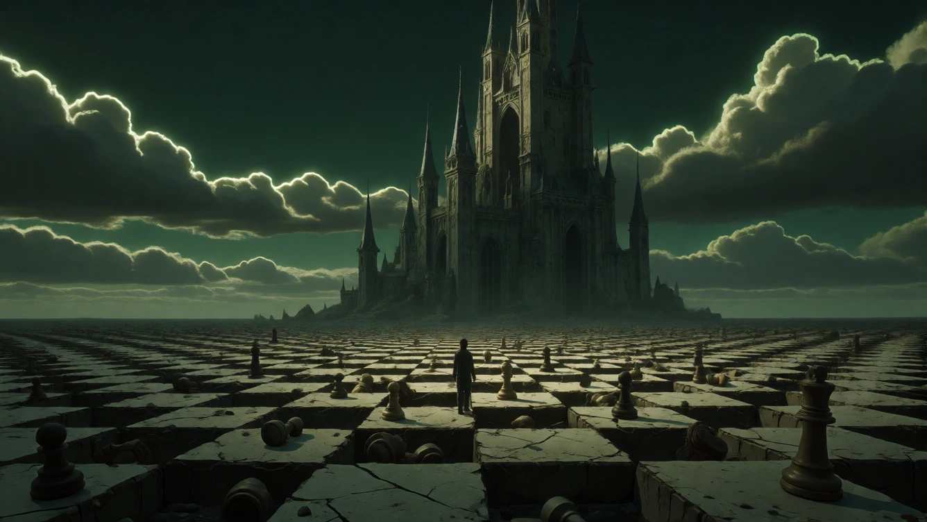 A vast broken checkerboard plain stretching to the horizon, shattered chess pieces scattered across the tiles, a lone small figure standing in the middle facing away. Dark green sky with even darker green clouds outlined in glowing neon, an enormous 