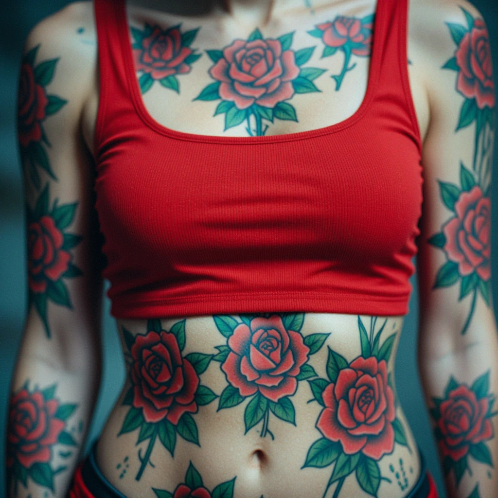 girl with half her body covered in rose tattoos she wears a red croptop to match those roses
