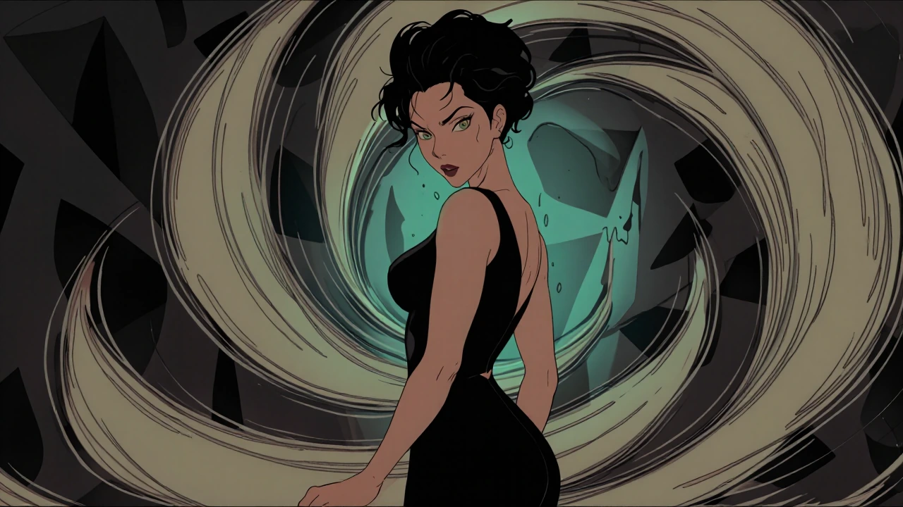 Keyframe from a fluid hand-drawn anime: a woman mid-turn in sharp black couture, glancing back over her shoulder with magnetic cool detachment. Behind her, dark geometric forms and ink-stroke lines swirl in asymmetrical motion, with soft amber and cy