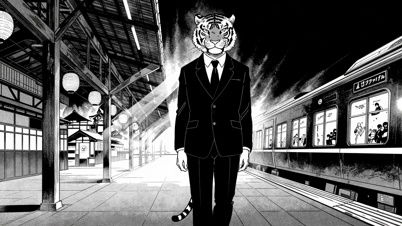 Wideshot keyframe in a highly detailed and artistic manga illustration style inspired by Kazuo Umezu, blended with traditional Japanese Edo period aes