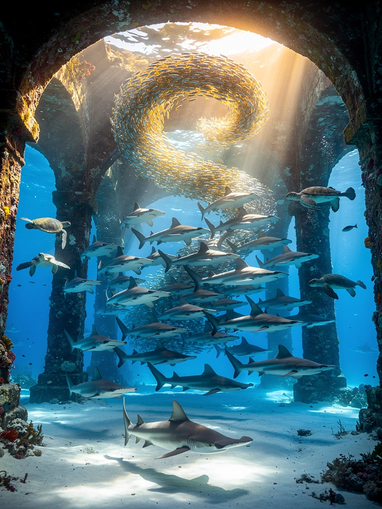 Every shark visible in the scene is a scientifically accurate scalloped hammerhead shark. No other shark species are present. Every shark has a broad, unmistakable T-shaped cephalofoil head clearly visible from every angle, with realistic eye placeme