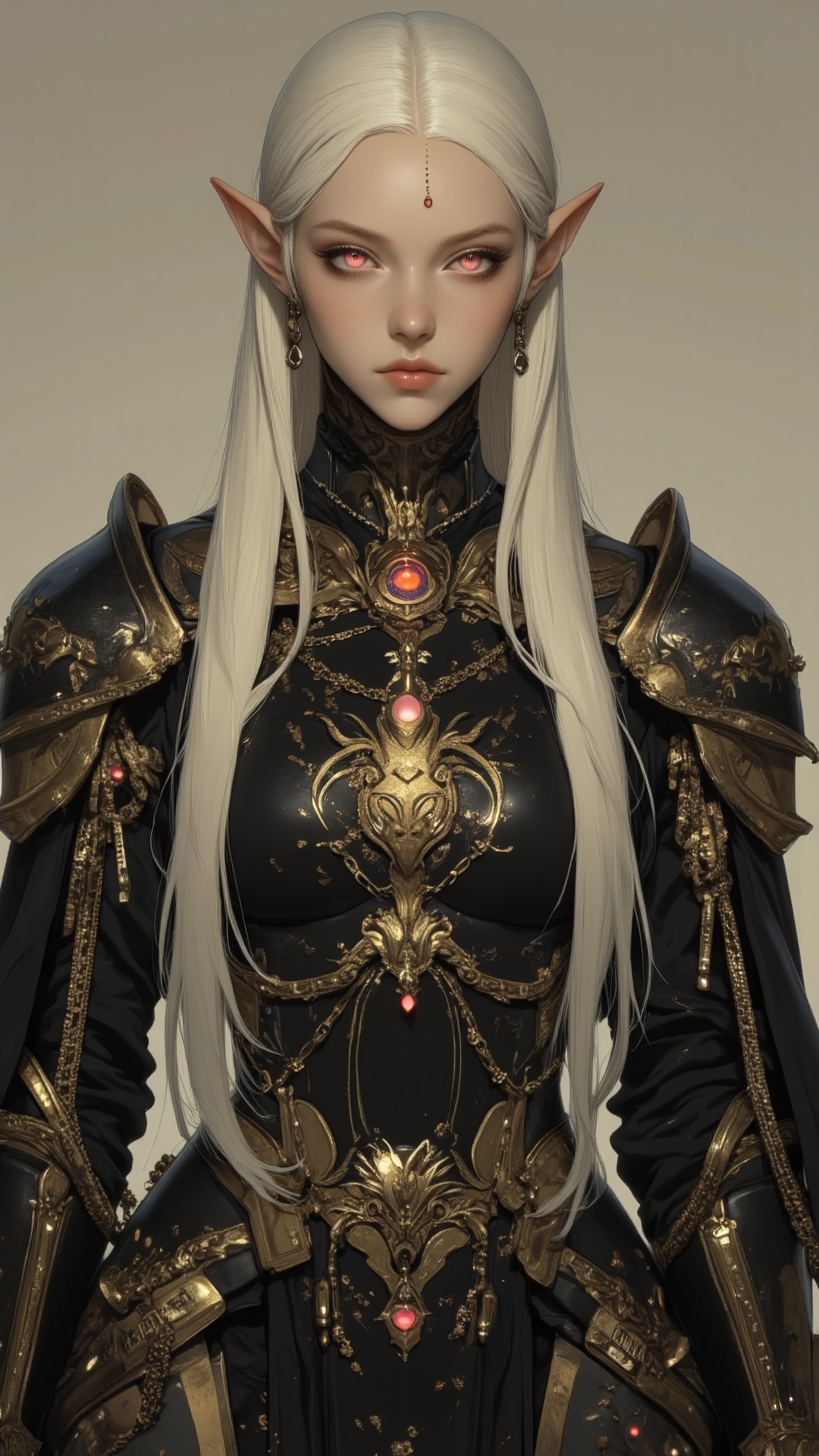 A regal high-fantasy elf character with pointed ears and long flowing white hair, luminous glowing pink eyes, elegant ethereal beauty, wearing a form-fitting black ceremonial armor outfit with intricate gold filigree ornaments, ornate gold chains dra