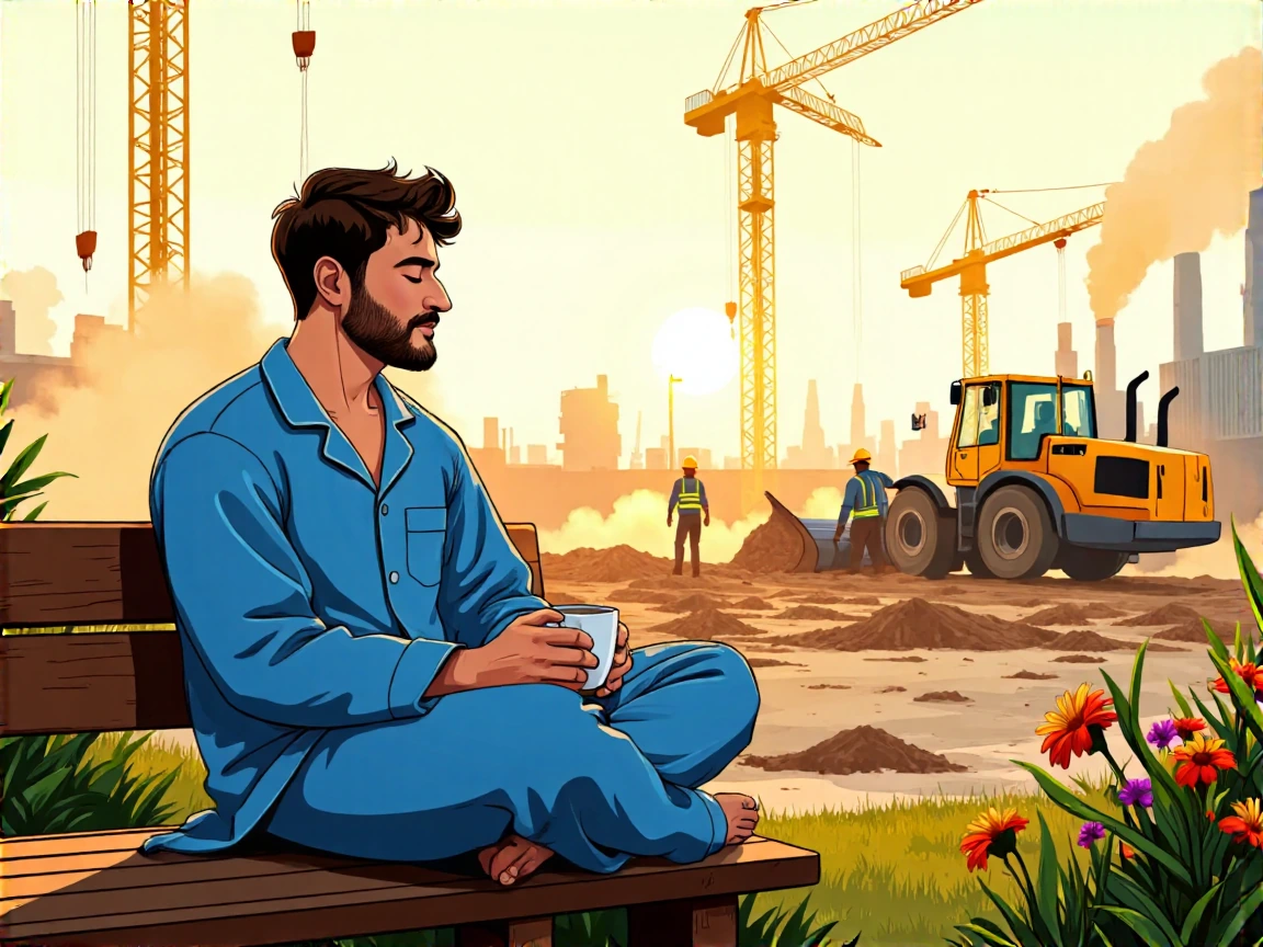 Man in faded blue pajamas sitting cross-legged on worn garden bench holding a cup of coffee in his hand, peaceful expression, surrounded by chaotic industrial construction site, towering yellow cranes and massive bulldozers in background, constructio