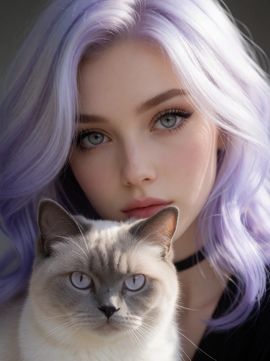 Close up, beautiful woman, lavender platinum ombre hair, grey eyes, cat with lavender eyes