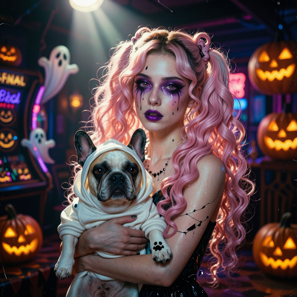 Girl with pastel pink pigtails holding ghost-costumed French bulldog, kawaii skull hoodie, neon spooky casino backdrop with glowing pumpkins and floating ghosts, violet eyeshadow and dark tears, cute-creepy Halloween aesthetic.