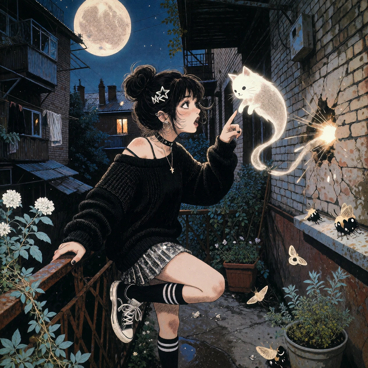 A gorgeous young woman stands sideways on a narrow apartment balcony, one knee bent against the iron railing and her torso twisted toward a tiny floating ghost-cat hovering beside her shoulder. Her messy bun is held with a crooked star clip, loose st