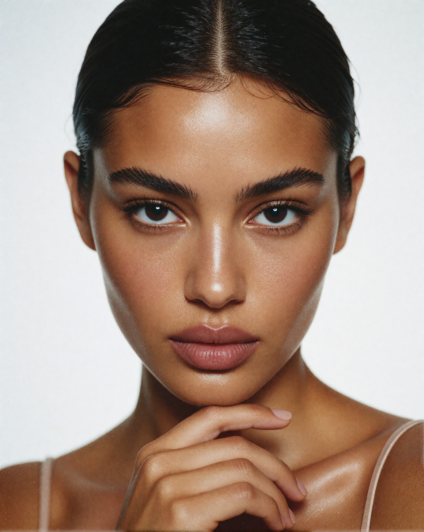 Minimalist high-end beauty portrait of a young woman with warm golden-tan skin, shot straight on in an extreme close-up. Her dark brown eyes look dire