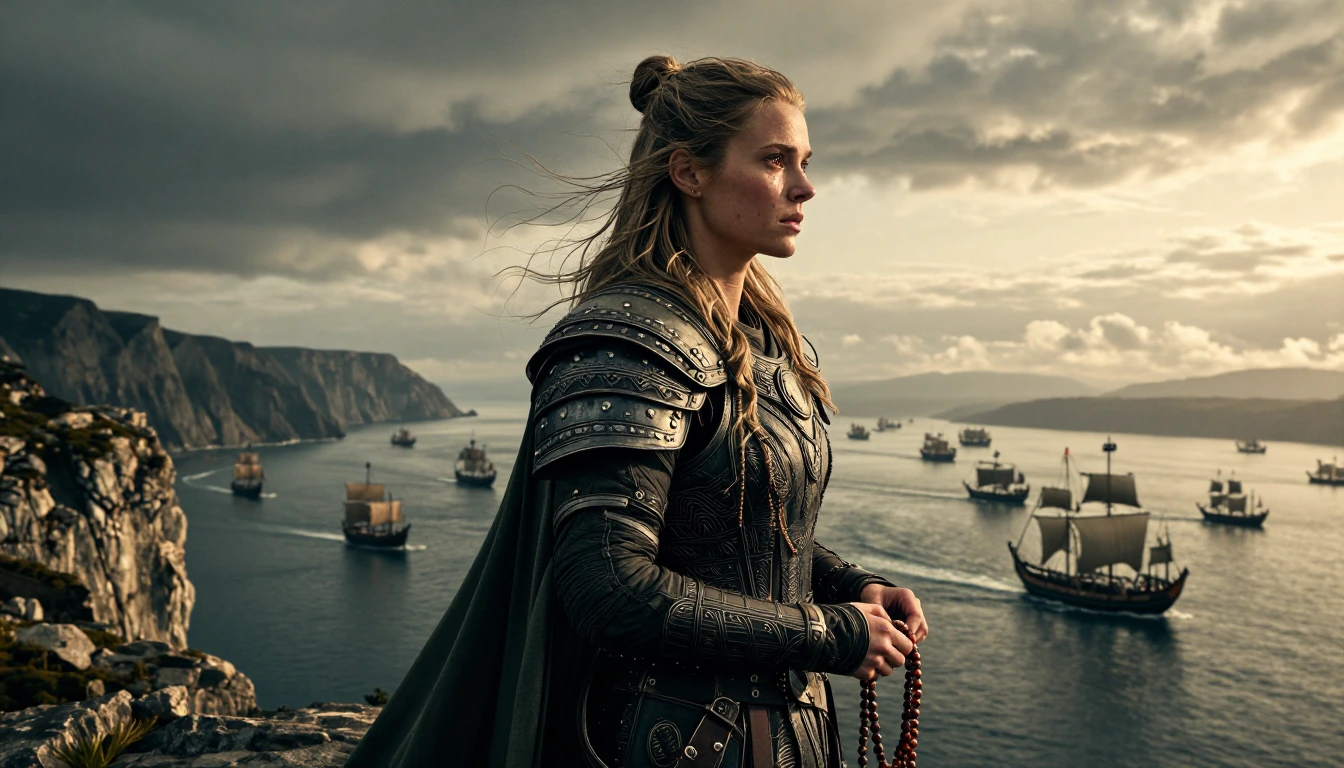 A Viking Shield Maiden with slightly red eyes stain from tears stands in profile atop of a cliff overlooking a bay full of departing Longships. Her hands play with a cord threaded with coloured prayer beads.