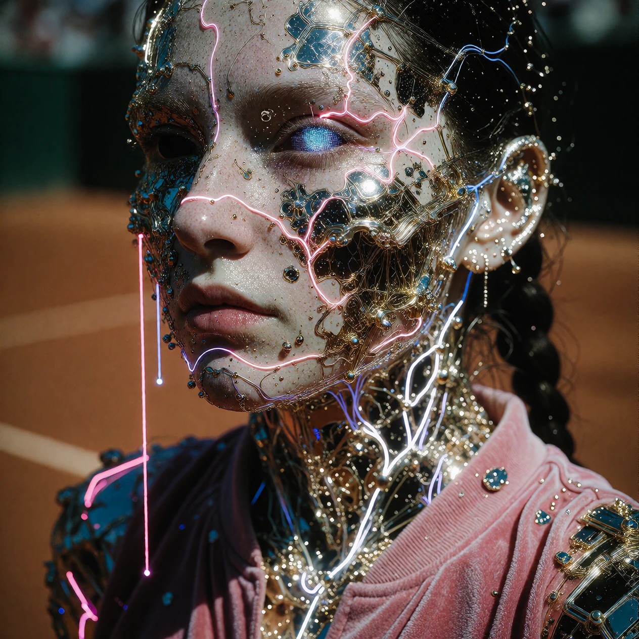 young woman in a pristine pink tennis dress and white shoes, standing on a clay court, looking unassuming and calm, but her face and upper body are completely glitched out and dissolving into texture overload, patches of velvet skin, dripping mercury