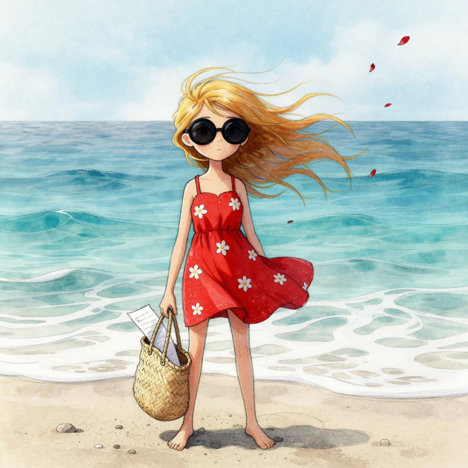 A whimsical full-body hand-drawn illustration of an exaggerated storybook girl, slender elongated limbs and oversized round black sunglasses dominating a small triangular face, filling the central two-thirds of a vertical frame — the quiet awe of a f