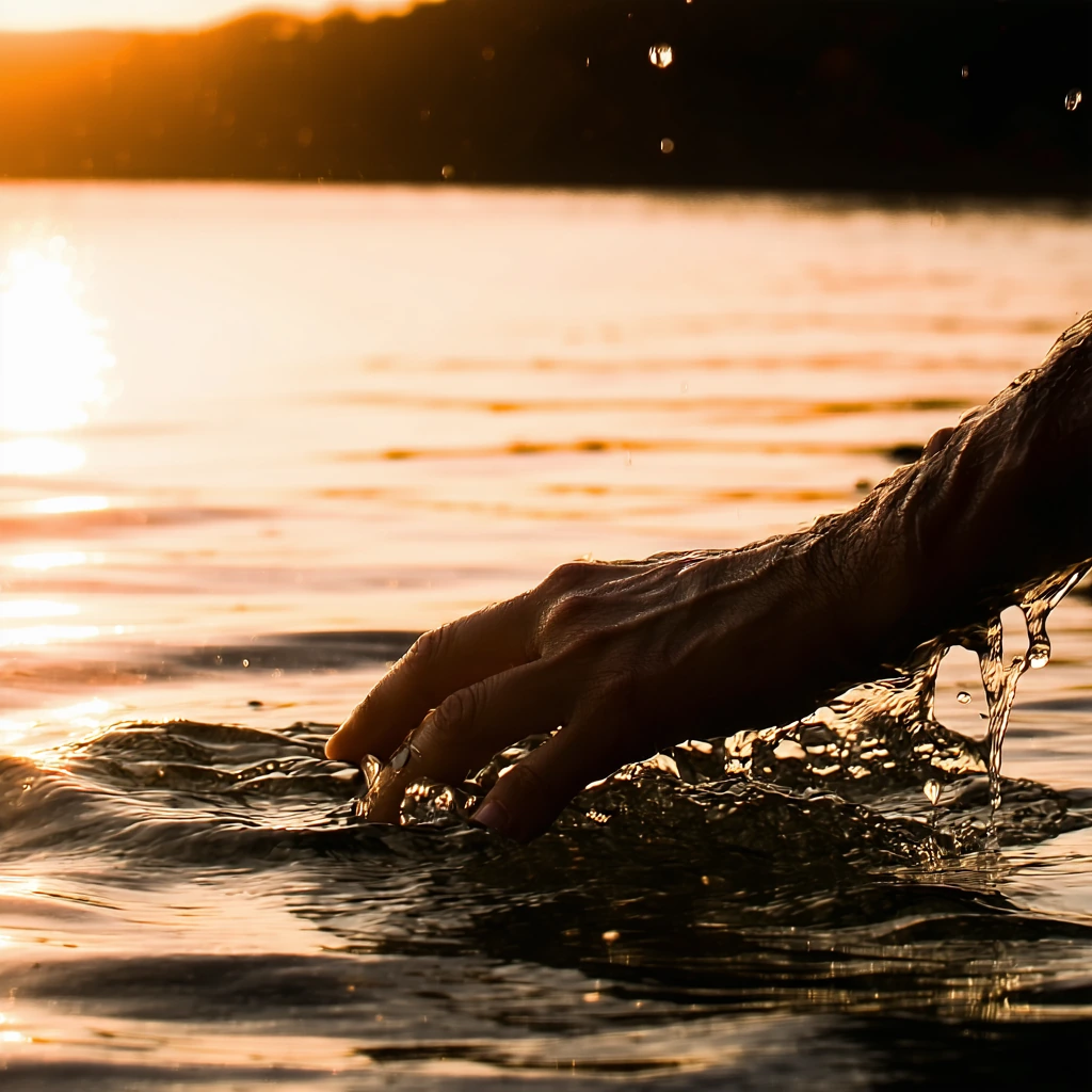 cinematic close-up of weathered hands touching still water at golden hour