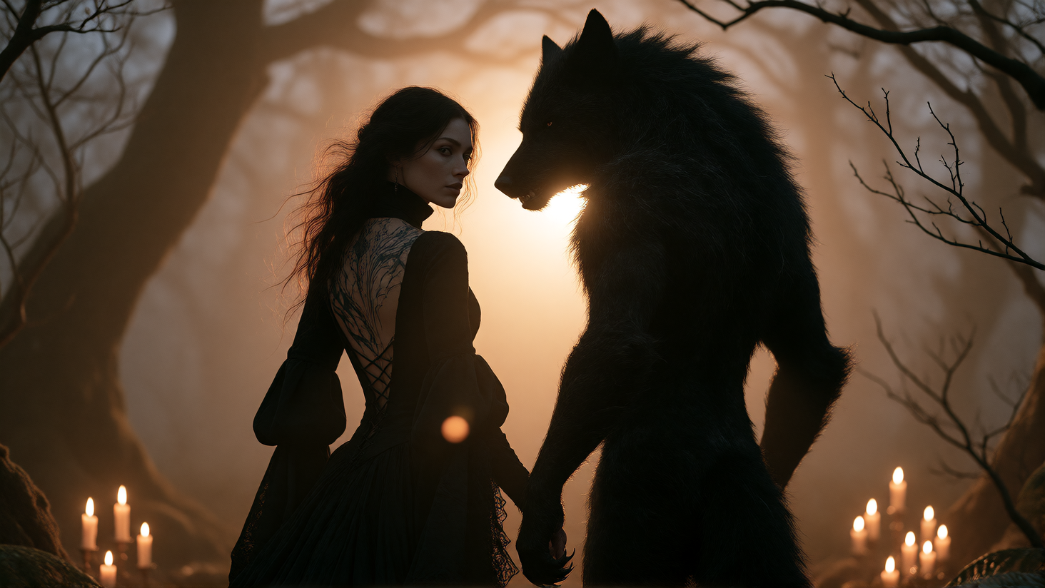 Forest witch with centre-parted dark brown hair and pale skin, wrapped in a black high-collared gown with flowing sleeves but an open back displaying her black Wolf tattoos, turning slightly to glance back over her shoulder as a jet-black werewolf—up