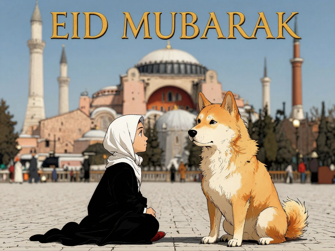 A praying moslim human-like Shiba Inu, in the background the Hagia Sopia, “EID MUBARAK” written in an oriental font