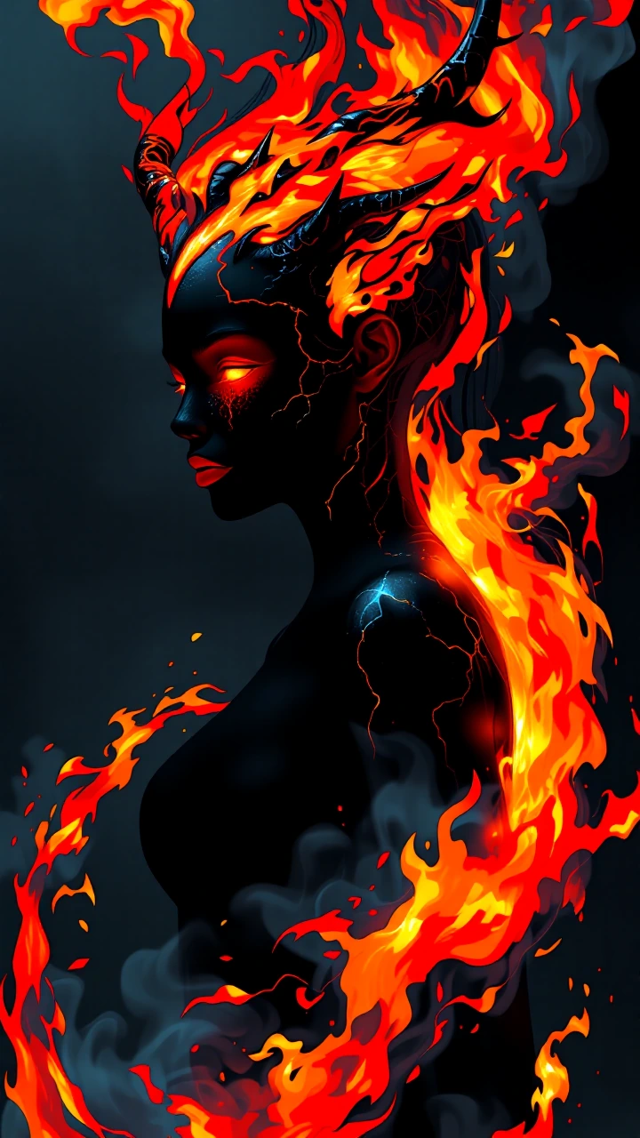 Fire demon woman: silhouette of roiling black flame with thin orange heat-cracks webbing through it, face emerging from smoke—delicate, serene, beauti