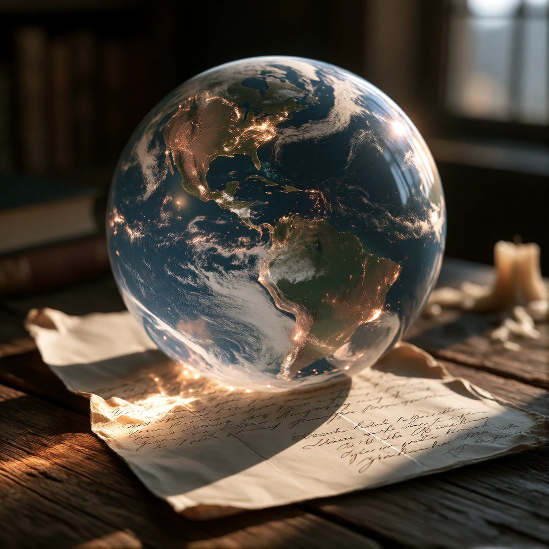 Capture a surreal still life on a weathered wooden desk: a folded handwritten letter pinned beneath a massive, semi-transparent glass sphere containing a swirling miniature planet Earth, its clouds slowly churning, oceans glowing faintly from within