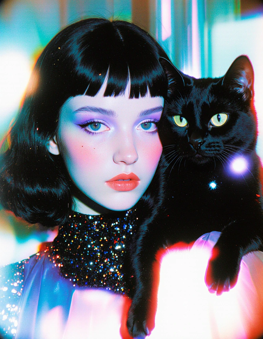 retro pop dark fantasy girl with her cat black glitter punk