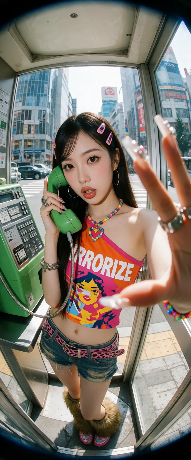 A dynamic, close-up fisheye lens portrait of a beautiful young East Asian woman with a vibrant Gyaru and Y2K aesthetic inside a glass telephone booth 