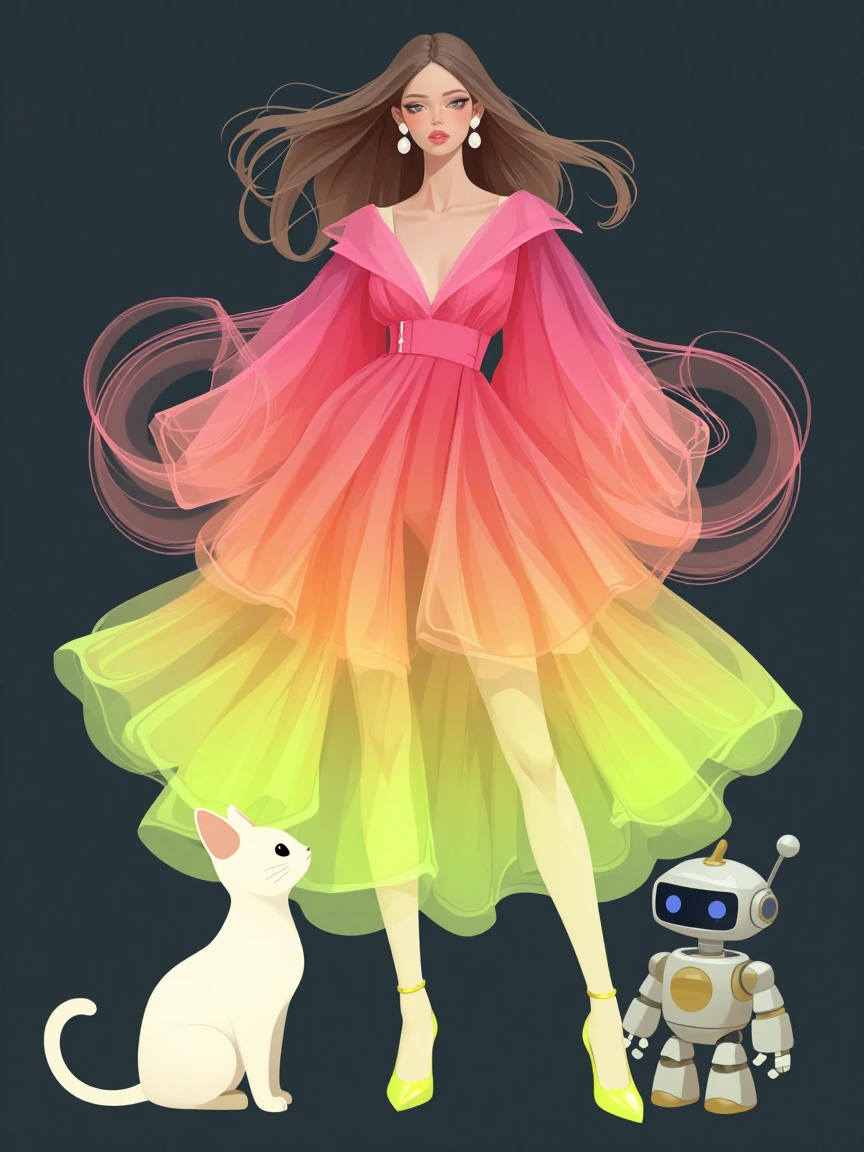 Fashion illustration woman bright melon ombre fractal fashion, with her cat and her robot