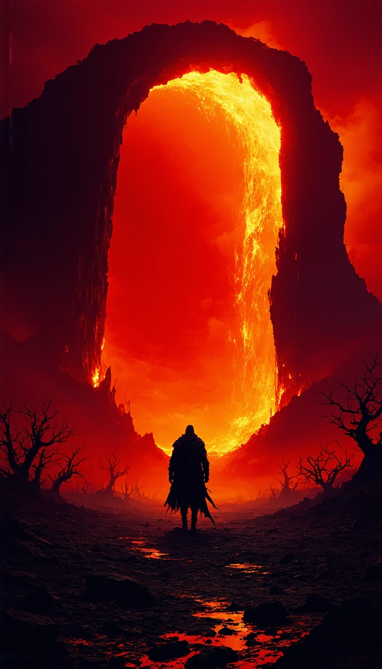 Cinematic surrealist digital art of a lone silhouette standing in a desolate, dark wasteland. In the background, a massive, monolithic rock wall features a glowing, arched portal emitting an intense, fiery orange and yellow light. The sky is a deep,